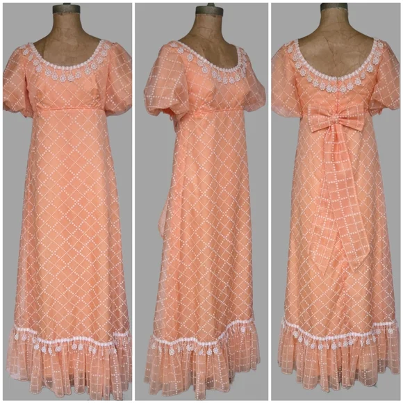 Vintage Bridgerton Puff Sleeve Orange Cream Bow Back Crochet Fringe Dress, XS/S - Picture 2 of 12